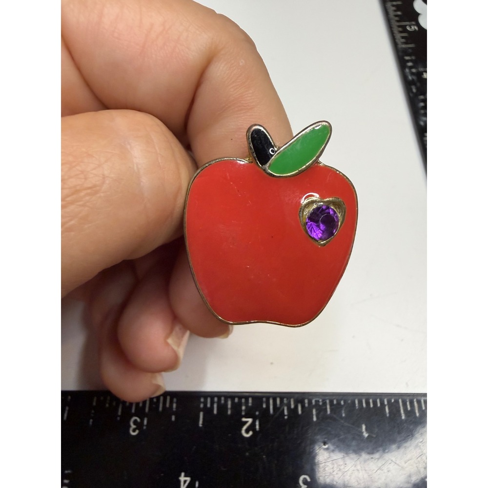 Red Enamel Apple Ring Purple Rhinestone Heart Gold Tone Teacher Gift Size 6.5